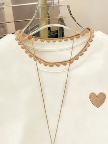 Resyla 女款休閒戶外運動T恤，夏季新款設計，愛心刺繡&牙齒印花，白色、杏色、卡其色，甜美風，女款短袖T恤 - 彩色 - 查看 4