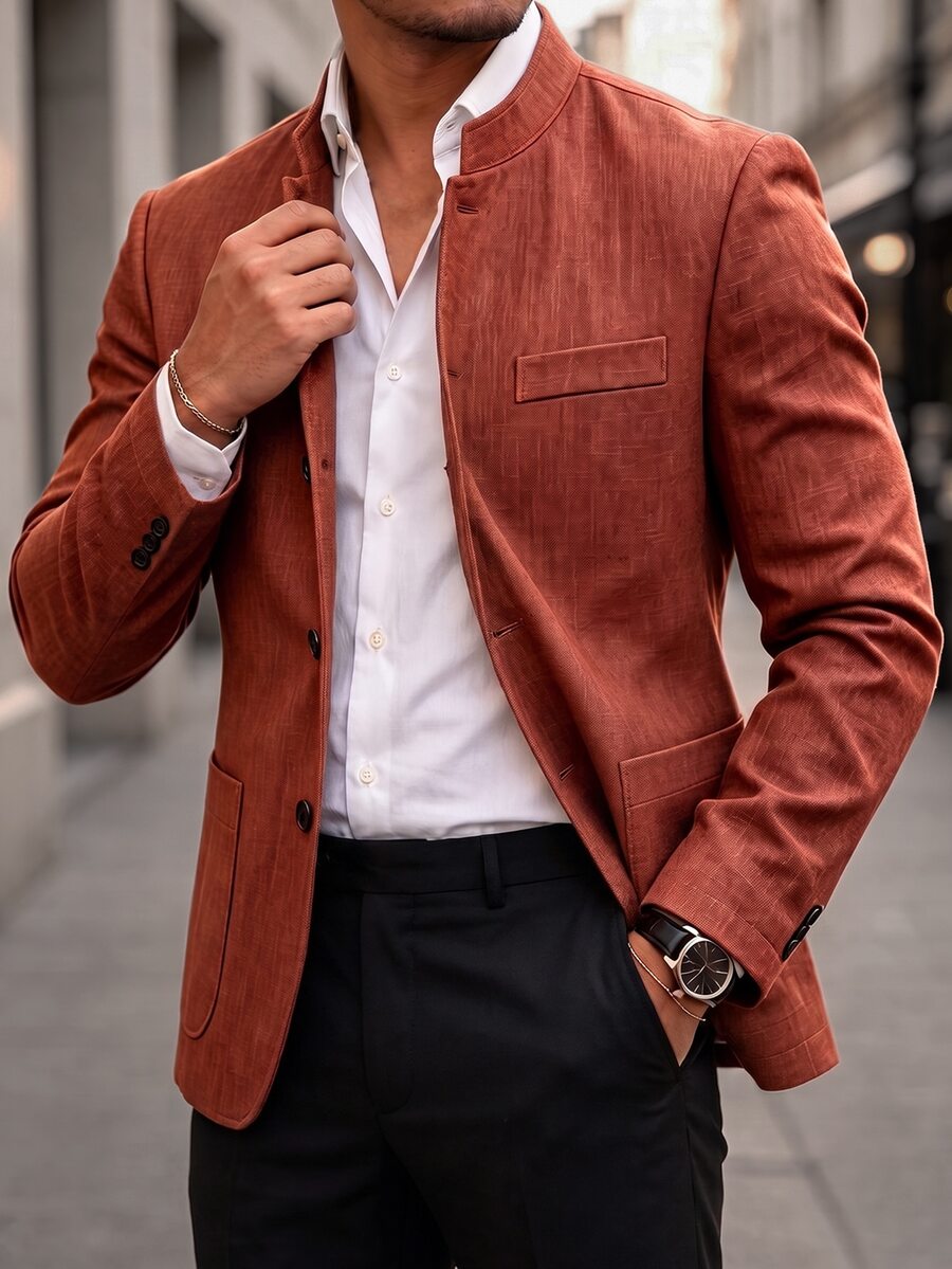 Manfinity Mode Blazer de un solo pecho de color sólido para hombre - Óxido marrón - Ver 1