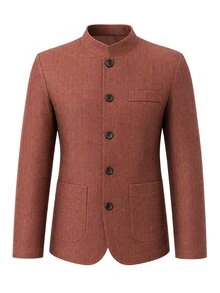Manfinity Mode Blazer de un solo pecho de color sólido para hombre - Óxido marrón - Ver 4