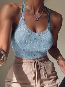 Rovax Hot-Selling Plus Size Women's Fashion Knit Bodysuit/Print Design - Digital Denim Effect Faux Gemstone Pattern/Sexy Tight Plus Size Bodysuit - Multicolor - View 4