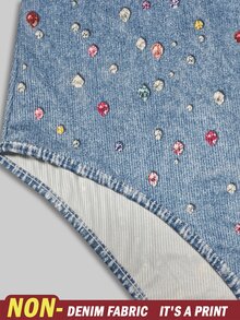 Rovax Hot-Selling Plus Size Women's Fashion Knit Bodysuit/Print Design - Digital Denim Effect Faux Gemstone Pattern/Sexy Tight Plus Size Bodysuit - Multicolor - View 6