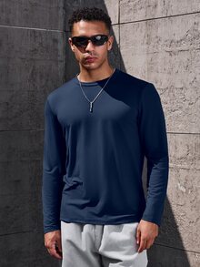 Manfinity Homme Kaos Pria Ukuran Besar Musim Gugur & Musim Dingin, Warna Biru Tua, Hadiah Bertema Milenium yang Sempurna untuk Halloween & Natal - Royal Blue - View 7
