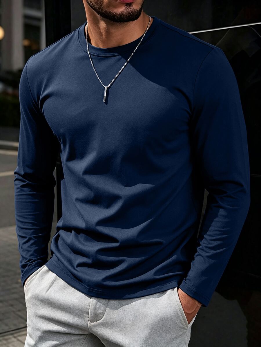 Manfinity Homme Kaos Pria Ukuran Besar Musim Gugur & Musim Dingin, Warna Biru Tua, Hadiah Bertema Milenium yang Sempurna untuk Halloween & Natal - Royal Blue - View 1