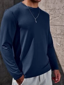 Manfinity Homme Kaos Pria Ukuran Besar Musim Gugur & Musim Dingin, Warna Biru Tua, Hadiah Bertema Milenium yang Sempurna untuk Halloween & Natal - Royal Blue - View 4
