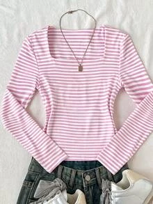 SHEIN 青少年女孩粉色與白色條紋方領長袖T恤，萬聖節、秋季、冬季、Y2K風格 - 粉色 - 查看 6