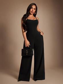 Radiana Women's Solid Color Pocket Elegant Wide Leg Jumpsuit Night Out Black Summer - Black - View 2