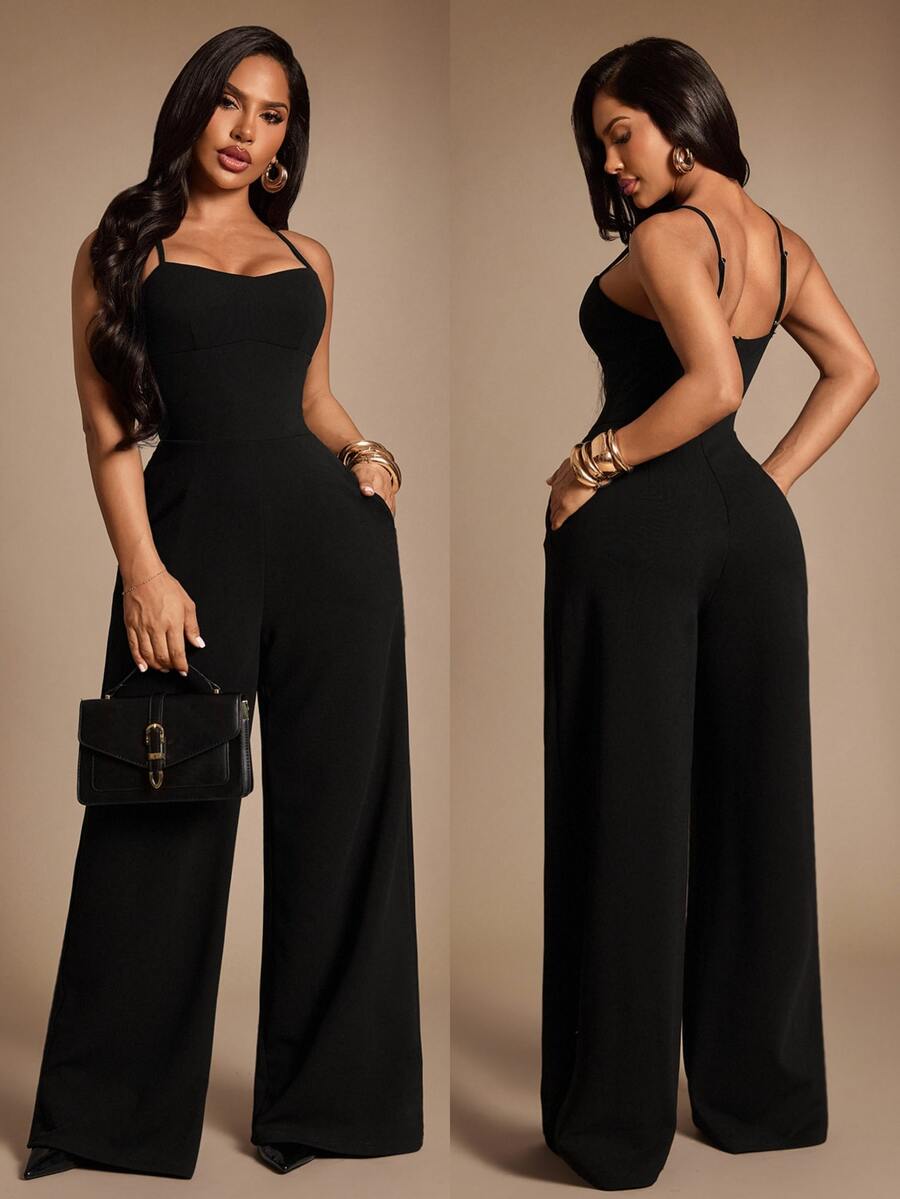 Radiana Women's Solid Color Pocket Elegant Wide Leg Jumpsuit Night Out Black Summer - Black - View 1