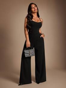 Radiana Women's Solid Color Pocket Elegant Wide Leg Jumpsuit Night Out Black Summer - Black - View 4