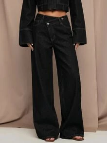 SHEIN BAE 女款不對稱腰頭口袋直筒休閒街頭風牛仔褲 牛仔女郎造型 秋冬派對黑色 - 黑色 - 查看 9