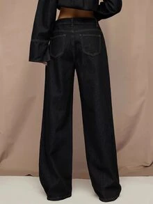 SHEIN BAE 女款不對稱腰頭口袋直筒休閒街頭風牛仔褲 牛仔女郎造型 秋冬派對黑色 - 黑色 - 查看 4