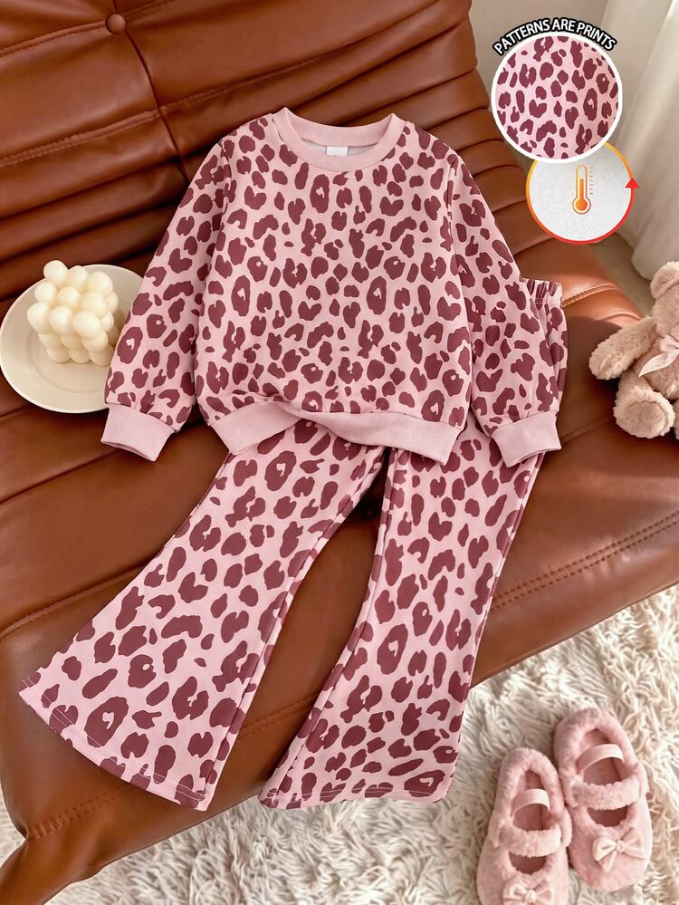 Young Girls 2pcs Set Fashionable Minimalist Leopard Print Long Sleeve Fleece Sweatshirt Top And Leopard Print Flared Pants Soft Outfit Suitable For Outings In Autumn/Winter - Multicolor - View 7