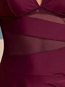 SHEIN Swim 女款夏季海灘度假金屬裝飾V領掛脖性感透視拼接泳裝洋裝 - 酒紅色 - 查看 5