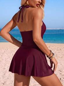 SHEIN Swim 女款夏季海灘度假金屬裝飾V領掛脖性感透視拼接泳裝洋裝 - 酒紅色 - 查看 2