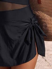 SHEIN Swim Women's Summer Beach Holiday Metal Decor V-Neck Halter Sexy Sheer Patchwork Swim Dress - Black - View 5