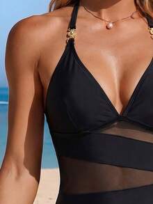 SHEIN Swim Women's Summer Beach Holiday Metal Decor V-Neck Halter Sexy Sheer Patchwork Swim Dress - Black - View 4