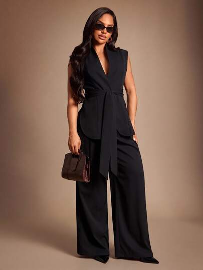 Radiana Women's Elegant Business Casual Classy Black Suit Set, Belt Waist-Cinched Blazer And Wide-Leg Pants 2-Piece Set, Slim Fit, Office Wear Teachers' Day