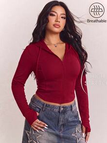 CovetEZ Plus Size Solid Color Full Zip Hooded Casual Everyday Jacket Fall - Cherry Red - View 2
