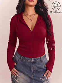 CovetEZ Plus Size Solid Color Full Zip Hooded Casual Everyday Jacket Fall - Cherry Red - View 1