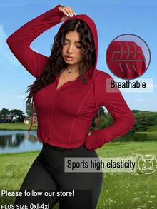CovetEZ Plus Size Solid Color Full Zip Hooded Casual Everyday Jacket Fall - Cherry Red - View 7