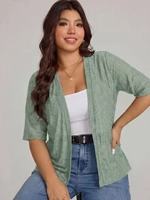 Comfylo Plus Size Women's Knit Jacquard Short Sleeve Open Front Cardigan - Olive Green - View 3