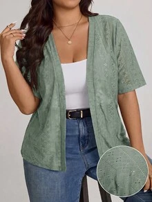 Comfylo Plus Size Women's Knit Jacquard Short Sleeve Open Front Cardigan - Olive Green - View 1