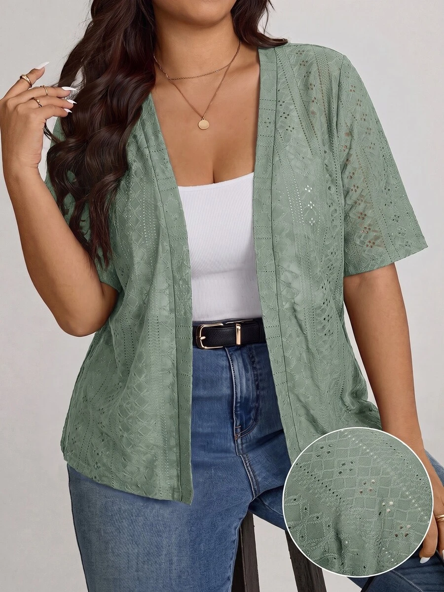 Comfylo Plus Size Women's Knit Jacquard Short Sleeve Open Front Cardigan - Olive Green - View 1