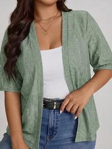 Comfylo Plus Size Women's Knit Jacquard Short Sleeve Open Front Cardigan - Olive Green - View 5