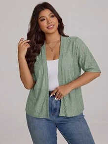 Comfylo Plus Size Women's Knit Jacquard Short Sleeve Open Front Cardigan - Olive Green - View 6