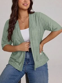 Comfylo Plus Size Women's Knit Jacquard Short Sleeve Open Front Cardigan - Olive Green - View 4