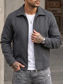 Manfinity Homme 男士純色休閒大衣，口袋設計，適合日常通勤穿著，也是送給男友和丈夫的理想禮物 - 深灰色 - 查看 4