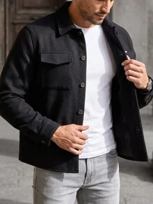 Manfinity CasualCool 男士黑色翻領休閒長袖寬鬆大衣 - 黑色 - 查看 7