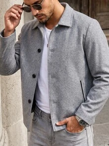 Manfinity CasualCool 男士灰色微紋理翻領修身通勤商務大衣 - 灰色 - 查看 5