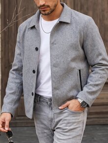 Manfinity CasualCool 男士灰色微紋理翻領修身通勤商務大衣 - 灰色 - 查看 6
