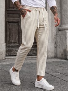 Manfinity CasualCool Men Striped Print Drawstring Waist Pants - Khaki - View 1
