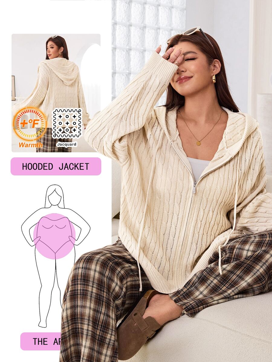 Solflare Áo cardigan có mũ dây rút màu trơn size lớn cho nữ mặc hàng ngày - Màu be - Xem 1