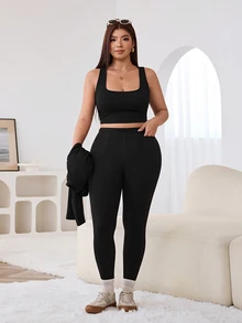 Solflare Plus Size Autumn Casual Solid Color Jacket And Pants Set - Black - View 3
