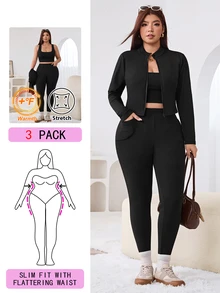Solflare Plus Size Autumn Casual Solid Color Jacket And Pants Set - Black - View 1