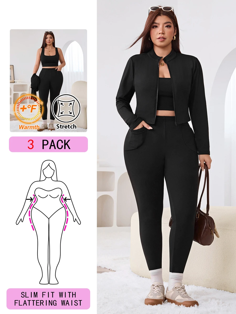 Solflare Plus Size Autumn Casual Solid Color Jacket And Pants Set - Black - View 1