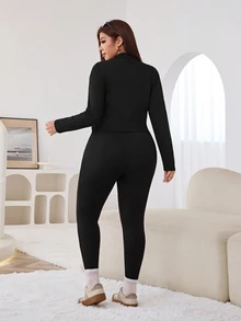 Solflare Plus Size Autumn Casual Solid Color Jacket And Pants Set - Black - View 2