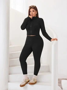 Solflare Plus Size Autumn Casual Solid Color Jacket And Pants Set - Black - View 6