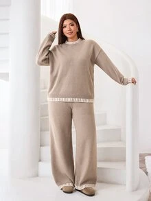Solflare Plus Size Women's Crew Neck Drop Shoulder Long Sleeve Sweater And Knit Pants Casual Set - Multicolor - View 6