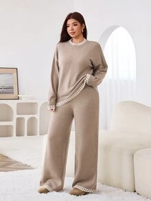 Solflare Plus Size Women's Crew Neck Drop Shoulder Long Sleeve Sweater And Knit Pants Casual Set - Multicolor - View 3