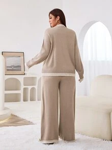 Solflare Plus Size Women's Crew Neck Drop Shoulder Long Sleeve Sweater And Knit Pants Casual Set - Multicolor - View 2