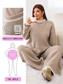 Solflare Plus Size Women's Crew Neck Drop Shoulder Long Sleeve Sweater And Knit Pants Casual Set - Multicolor - View 1