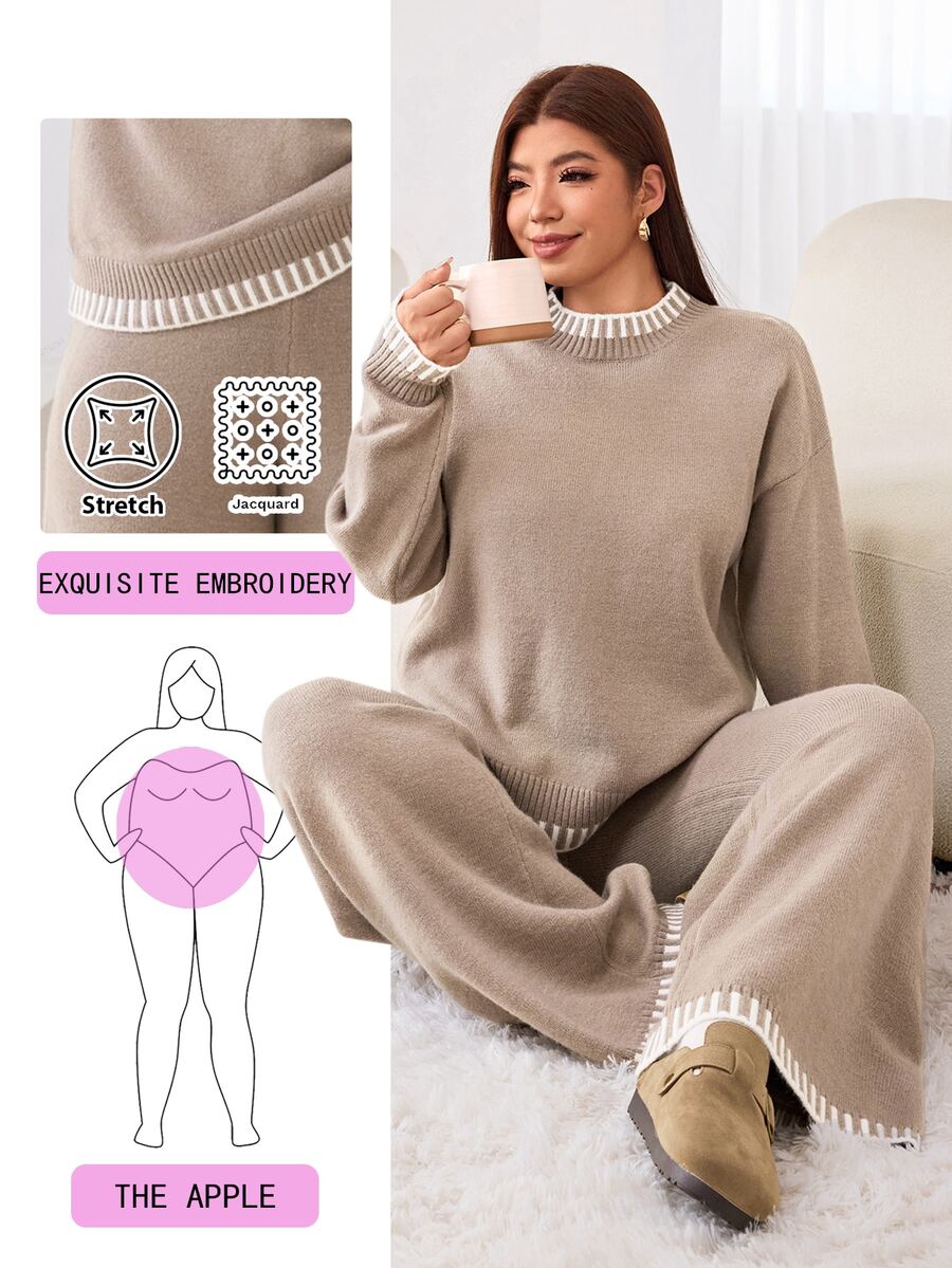 Solflare Plus Size Women's Crew Neck Drop Shoulder Long Sleeve Sweater And Knit Pants Casual Set - Multicolor - View 1