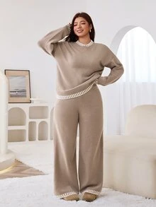 Solflare Plus Size Women's Crew Neck Drop Shoulder Long Sleeve Sweater And Knit Pants Casual Set - Multicolor - View 4
