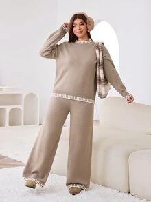 Solflare Plus Size Women's Crew Neck Drop Shoulder Long Sleeve Sweater And Knit Pants Casual Set - Multicolor - View 5