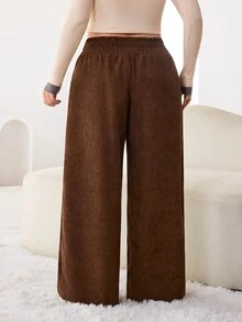 Solflare Quần dài nữ big size ống rộng dáng suông thoải mái, màu trơn, cạp chun co giãn, có túi, phong cách thường ngày - Cà phê nâu - Xem 2
