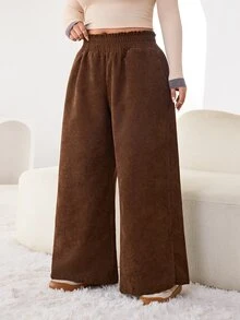 Solflare Quần dài nữ big size ống rộng dáng suông thoải mái, màu trơn, cạp chun co giãn, có túi, phong cách thường ngày - Cà phê nâu - Xem 3
