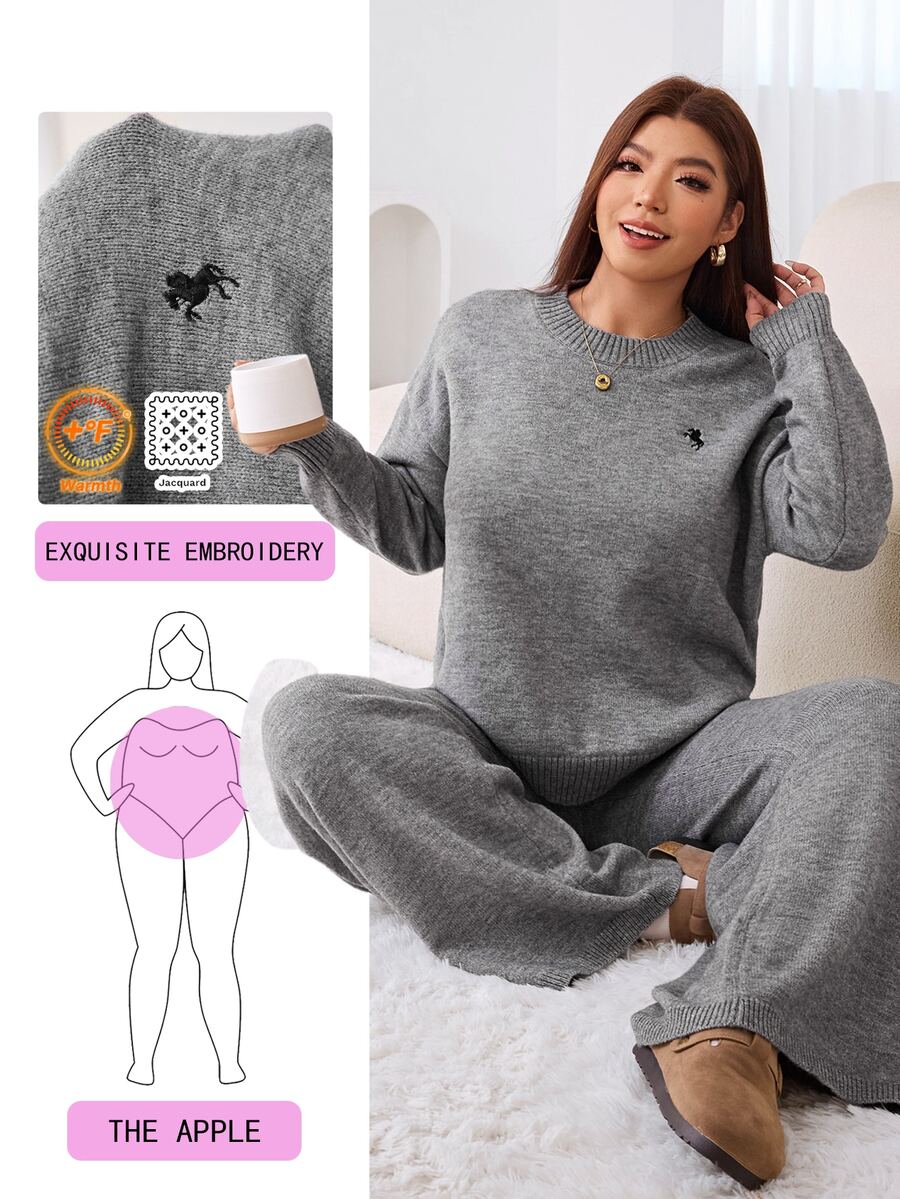 Solflare Plus Size Women's Round Neck Dropped Shoulder Long Sleeve Sweater And Knitted Pants Casual Set - Grey - View 1